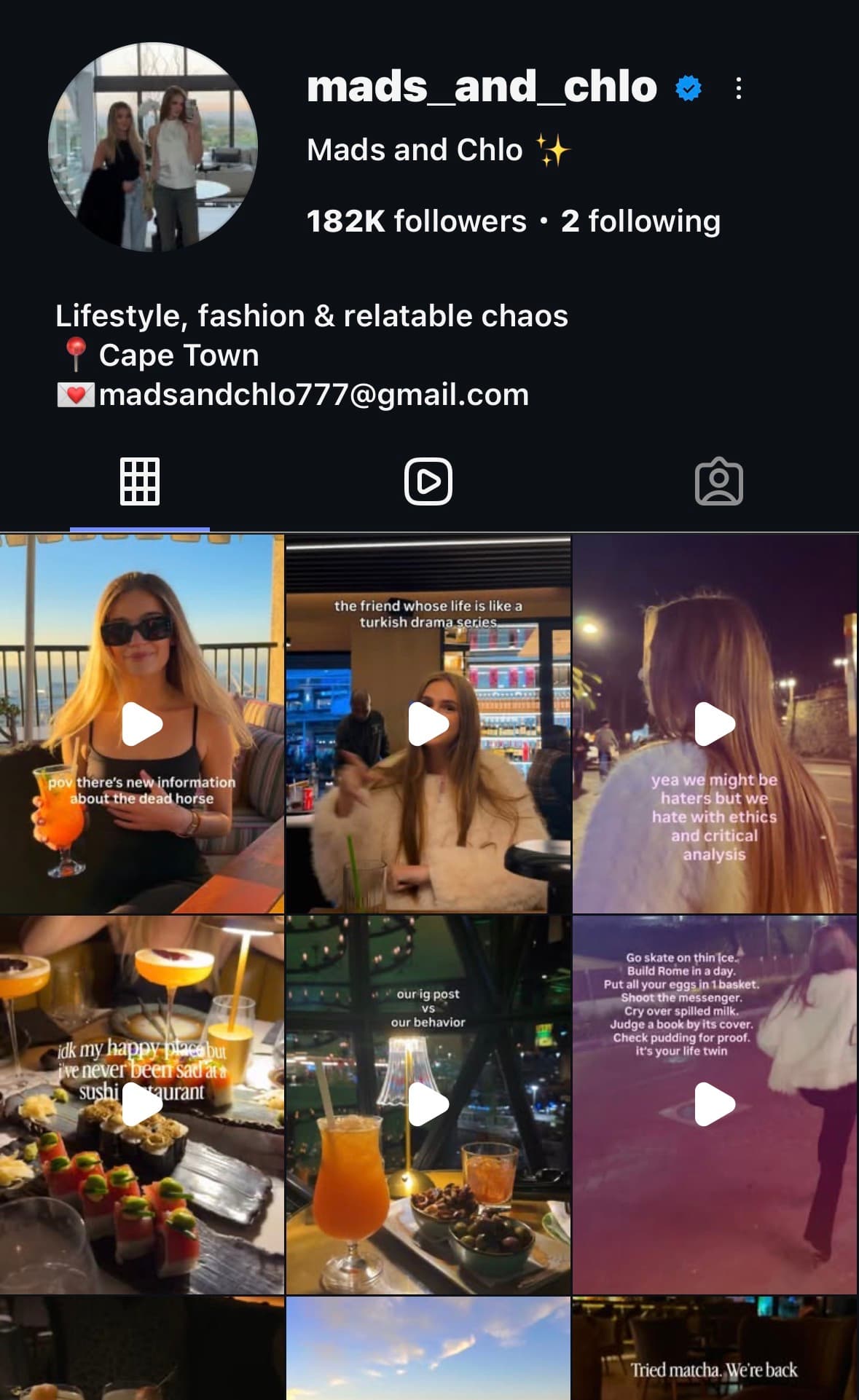The verified mads_and_chlo Instagram profile: 182 thousand followers, lifestyle and fashion, Cape Town.