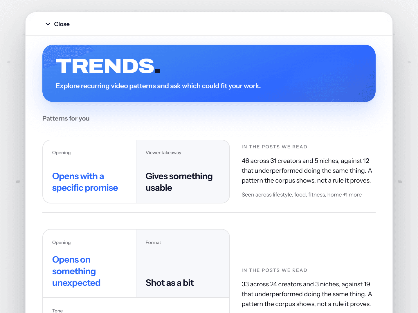 The ClipScore Studio The trend board block, demo data